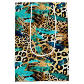 サファリ動物の毛皮のプリントパターンティール(緑がかった色)ブルー金ゴールド ミディアムペーパーバッグ (裏面)