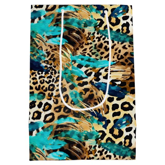 サファリ動物の毛皮のプリントパターンティール（緑がかった色）ブルー金ゴールド ミディアムペーパーバッグ (裏面)