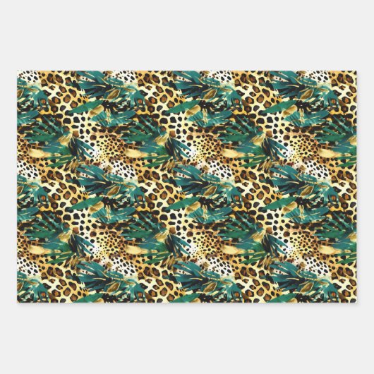 サファリ動物の毛皮のプリントパターン緑と金ゴールド ラッピングペーパーシート (正面3)