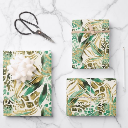 サファリ動物の毛皮のプリントパターン緑と金ゴールド ラッピングペーパーシート (正面)