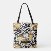 サファリ動物の毛皮のプリントパターン金ゴールドと黒 トートバッグ (裏面)