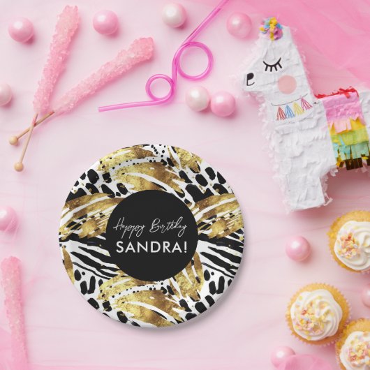 サファリ動物の毛皮のプリントパターン黒と金ゴールド ペーパープレート (パーティー)