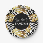 サファリ動物の毛皮のプリントパターン黒と金ゴールド ペーパープレート (正面)