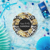 サファリ動物の毛皮プリントパターン ブラック＆ゴールド ペーパープレート (パーティー)