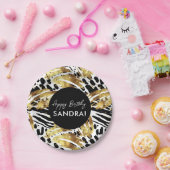 サファリ動物の毛皮プリントパターン ブラック＆ゴールド ペーパープレート (パーティー)