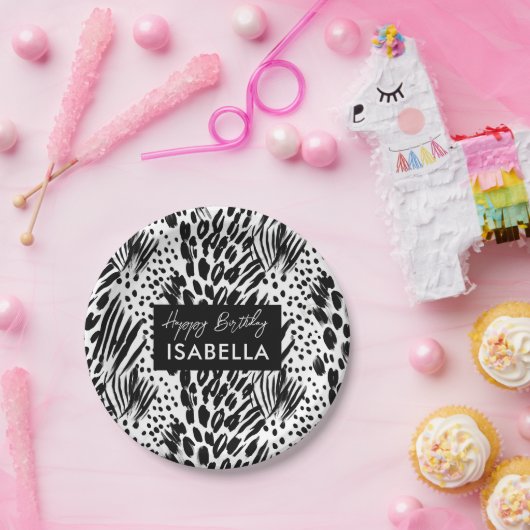 サファリ動物の毛皮プリントパターン ブラック＆ホワイト ペーパープレート (パーティー)