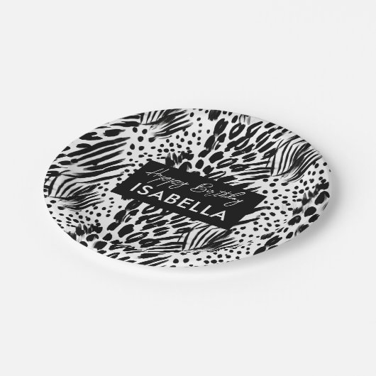 サファリ動物の毛皮プリントパターン ブラック＆ホワイト ペーパープレート (アングル)