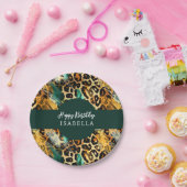 サファリ動物の毛皮プリントパターン ボヘミアングリーンゴールド ペーパープレート (パーティー)