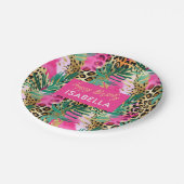 サファリ動物の毛皮プリントパターン 緑 ピンク ゴールド ペーパープレート (アングル)