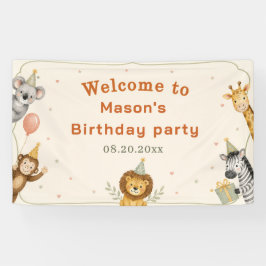 サファリ動物の水彩画 誕生日パーティー 横断幕