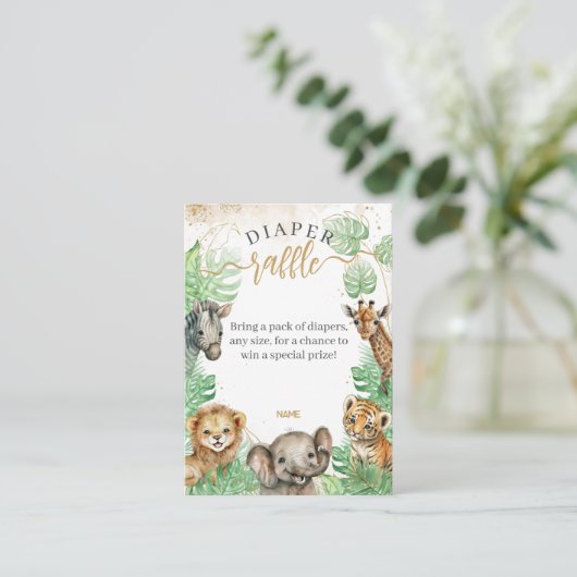 サファリ動物の熱帯緑の赤ちゃんシャワーおむつ エンクロージャーカード (スタンド正面)