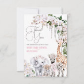 サファリ動物の熱帯花ピンクの赤ちゃんシャワー サンキューカード (正面)