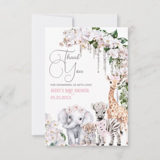サファリ動物の熱帯花ピンクの赤ちゃんシャワー サンキューカード (正面)