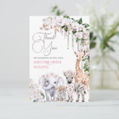 サファリ動物の熱帯花ピンクの赤ちゃんシャワー サンキューカード (スタンド正面)