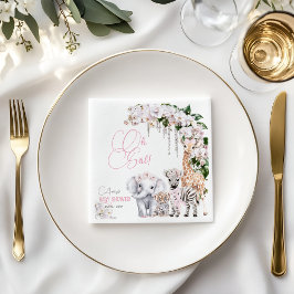 サファリ動物の熱帯花ピンクの赤ちゃんシャワー スタンダードカクテルナプキン