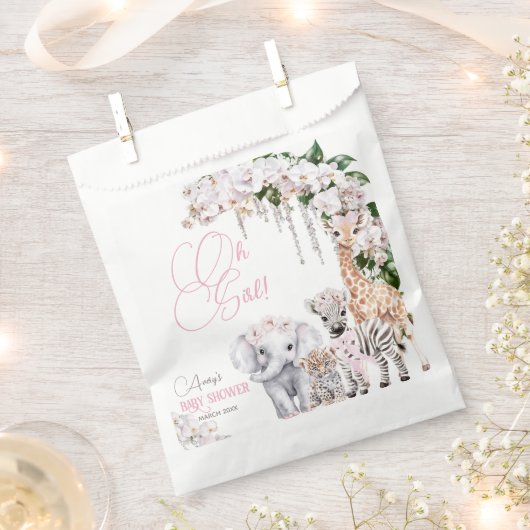サファリ動物の熱帯花ピンクの赤ちゃんシャワー フェイバーバッグ (クリップ留めされた状態)
