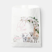 サファリ動物の熱帯花ピンクの赤ちゃんシャワー フェイバーバッグ (正面)