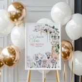 サファリ動物の熱帯花ピンクの赤ちゃんシャワー ポスター