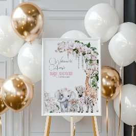 サファリ動物の熱帯花ピンクの赤ちゃんシャワー ポスター