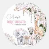 サファリ動物の熱帯花ピンクの赤ちゃんシャワー ラウンドシール (正面)