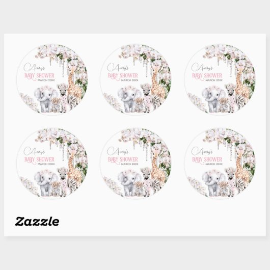 サファリ動物の熱帯花ピンクの赤ちゃんシャワー ラウンドシール (シート)