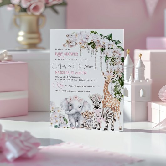 サファリ動物の熱帯花ピンクの赤ちゃんシャワー 招待状