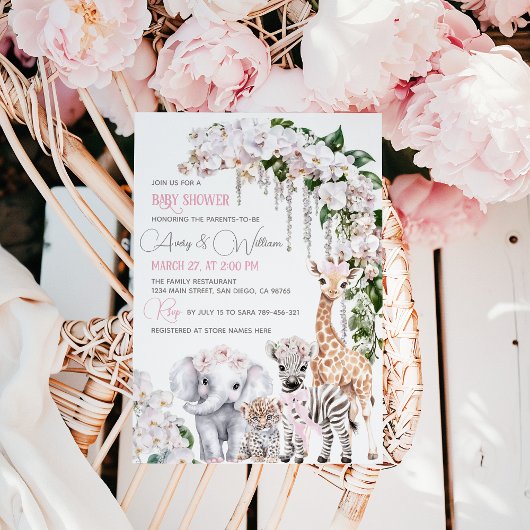 サファリ動物の熱帯花ピンクの赤ちゃんシャワー 招待状