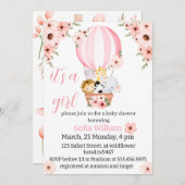 サファリ動物の熱気球のベビーガールシャワー 招待状 (正面/裏面)