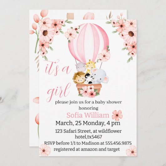 サファリ動物の熱気球のベビーガールシャワー 招待状 (正面/裏面)