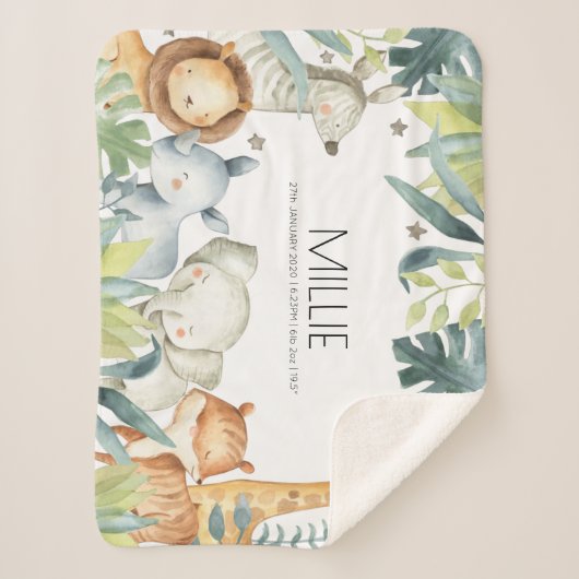 サファリ動物の生まれたばかりのベビー発表用毛布 シェルパブランケット (正面)