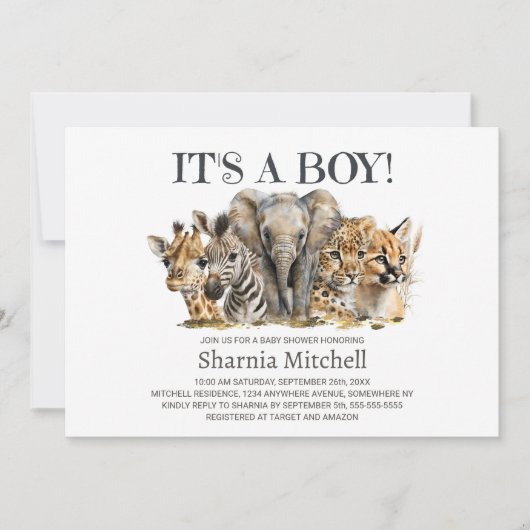 サファリ動物の男の子のシャワー 招待状 (正面)