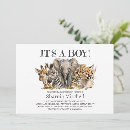 サファリ動物の男の子のシャワー 招待状 (スタンド正面)