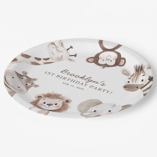 サファリ動物の男の子の誕生日パーティーキッズ ペーパープレート (アングル)