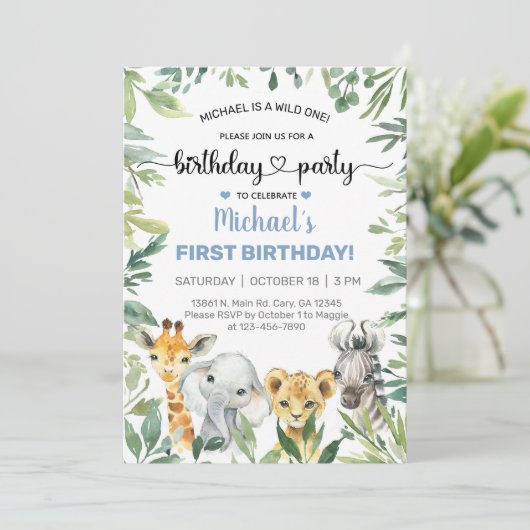 サファリ動物の男の子の誕生日招待状、任意の年齢。 招待状 (スタンド正面)