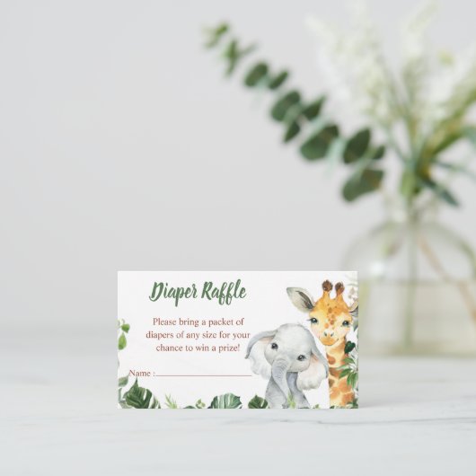 サファリ動物の男の子の赤ちゃんシャワーおむつラッフル エンクロージャーカード (スタンド正面)