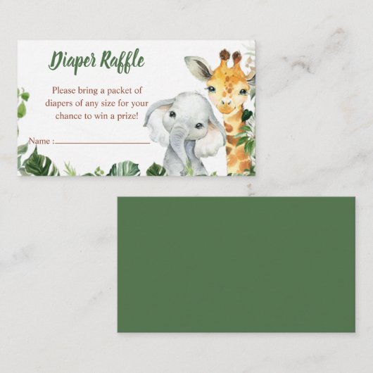 サファリ動物の男の子の赤ちゃんシャワーおむつラッフル エンクロージャーカード (正面/裏面)
