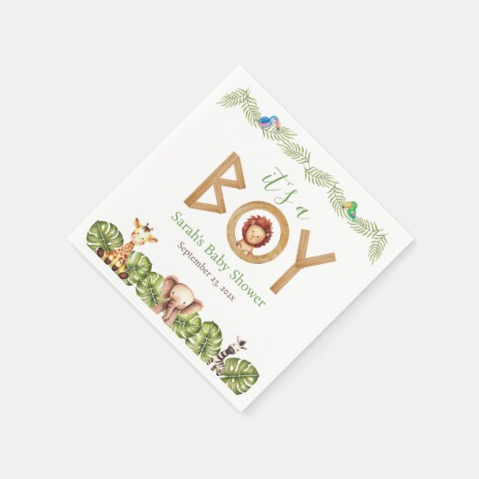 サファリ動物の男の子の赤ちゃんシャワーウッドジャングル離れの スタンダードカクテルナプキン (角)