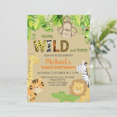 サファリ動物の男の子の3歳の誕生日招待状 招待状 (スタンド正面)