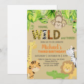 サファリ動物の男の子の3歳の誕生日招待状 招待状 (正面/裏面)