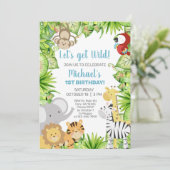 サファリ動物の男の子1st最初の誕生日招待状。invi 招待状 (スタンド正面)