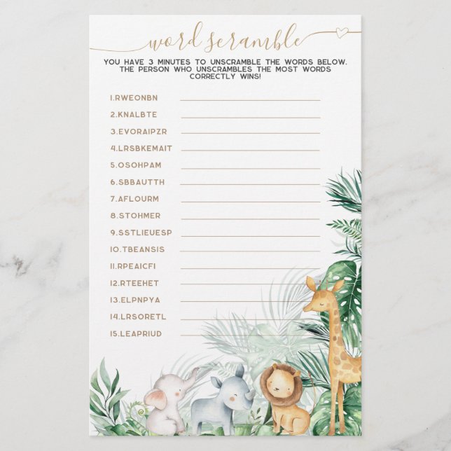 サファリ動物の緑のベビー単語スクランブルゲーム (正面)