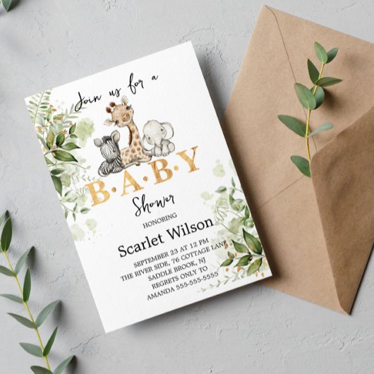 サファリ動物の緑の野生の赤ちゃんシャワー 招待状