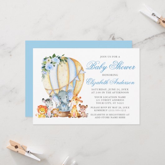 サファリ動物の花柄風船 青いベビーシャワー 招待状 (正面/裏面インサイチュ)