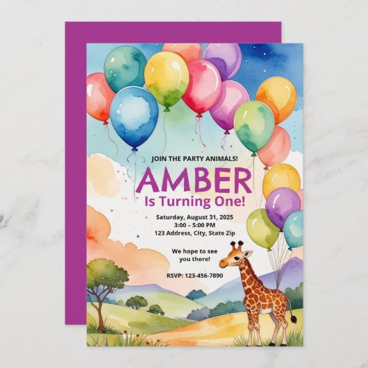 サファリ動物の誕生日または誕生日パーティー招待状 招待状 (正面/裏面)