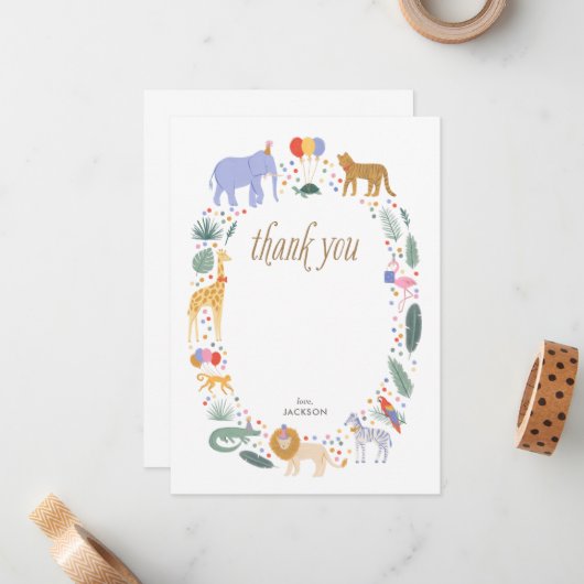 サファリ動物の誕生日パーティーありがとう ノートカード (正面/裏面インサイチュ)