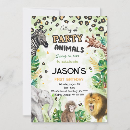 サファリ動物の誕生日パーティーへの招待 招待状 (正面)