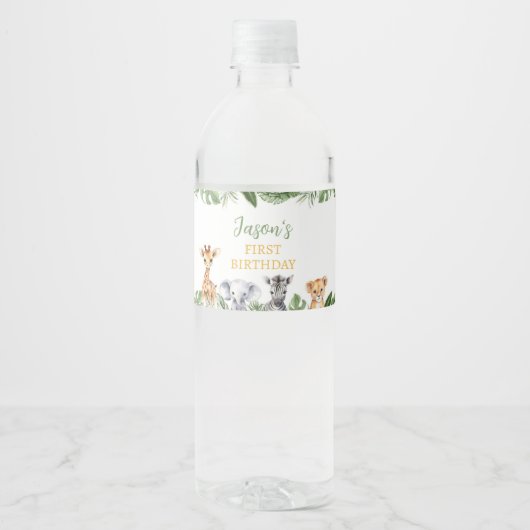 サファリ動物の誕生日パーティーウォーターボトルラベル ペットボトルラベル (正面)