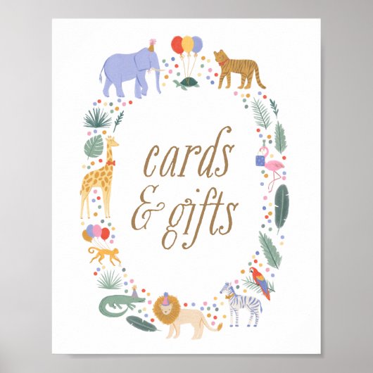 サファリ動物の誕生日パーティーカードとギフトサイン ポスター (正面)