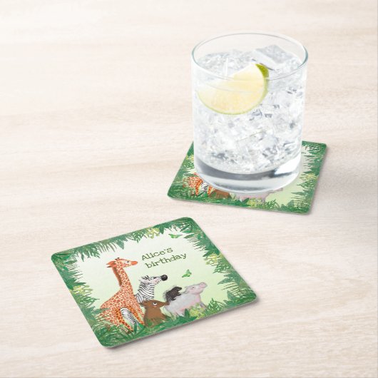 サファリ動物の誕生日パーティースクエア紙コースター スクエアペーパーコースター (インサイチュ)