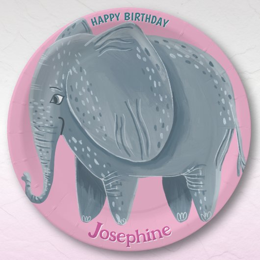 サファリ動物の誕生日 水彩象の女の子 ペーパープレート